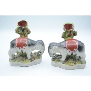 Vintage Chinoiserie English Staffordshire Style Mantle Elephant Spill Vases Pair